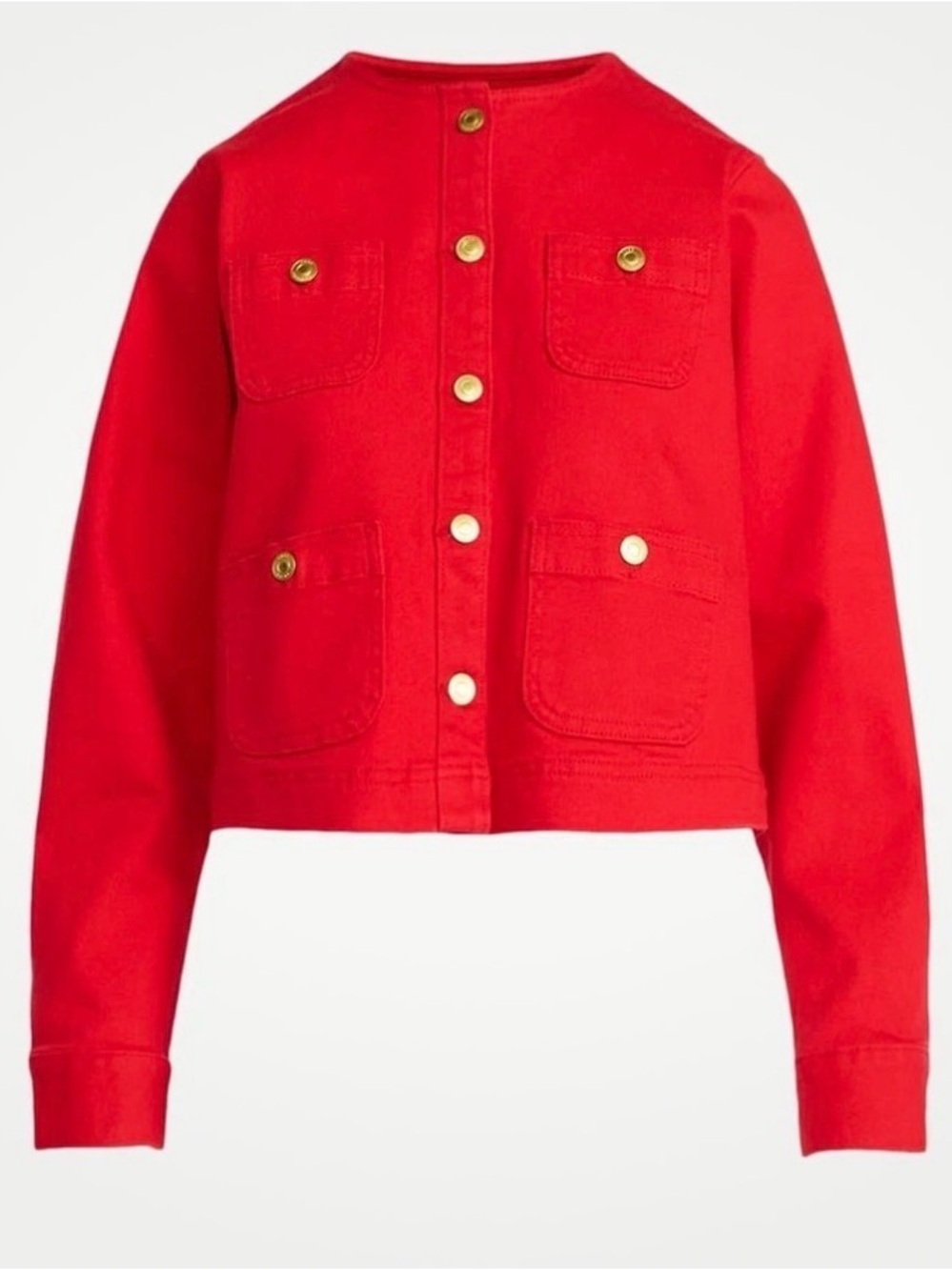 NEW Free Assembly Collarless Red Gold Button Short Denim Jacket